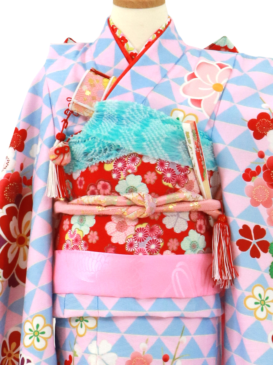 ピンクと水色のウロコ紋の着物／七五三・七歳女の子 | 宅配着物