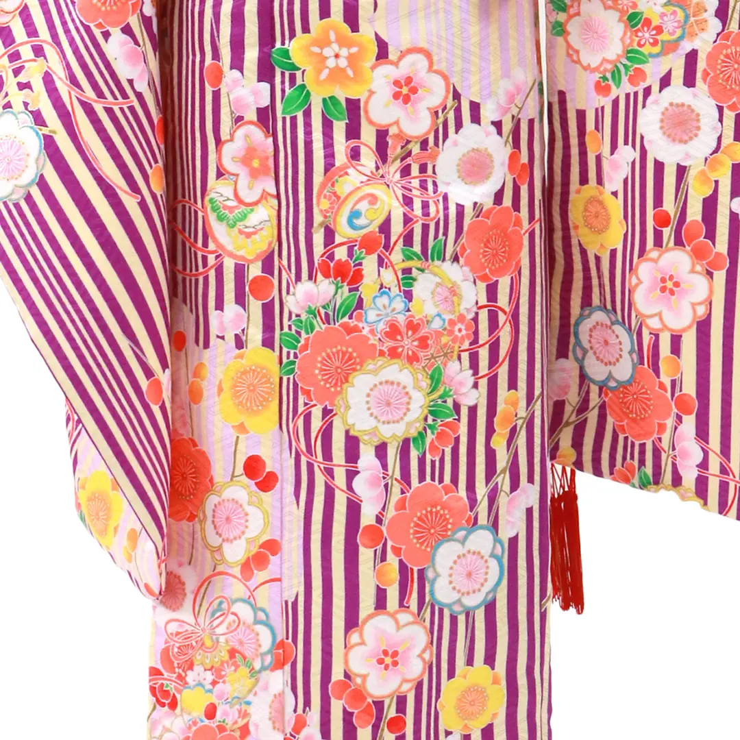 紫のストライプに花かごの着物／七五三・七歳女の子／裾詳細