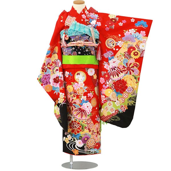 赤地に鞠と鼓の着物／七五三・七歳女の子