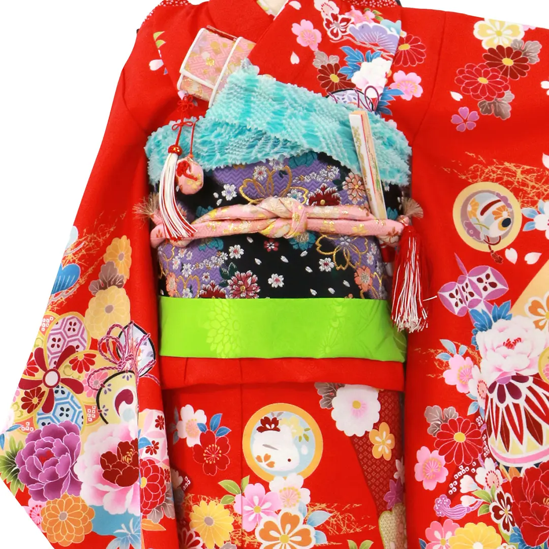 赤地に鞠と鼓の着物／七五三・七歳女の子 | 宅配着物レンタルの京都か