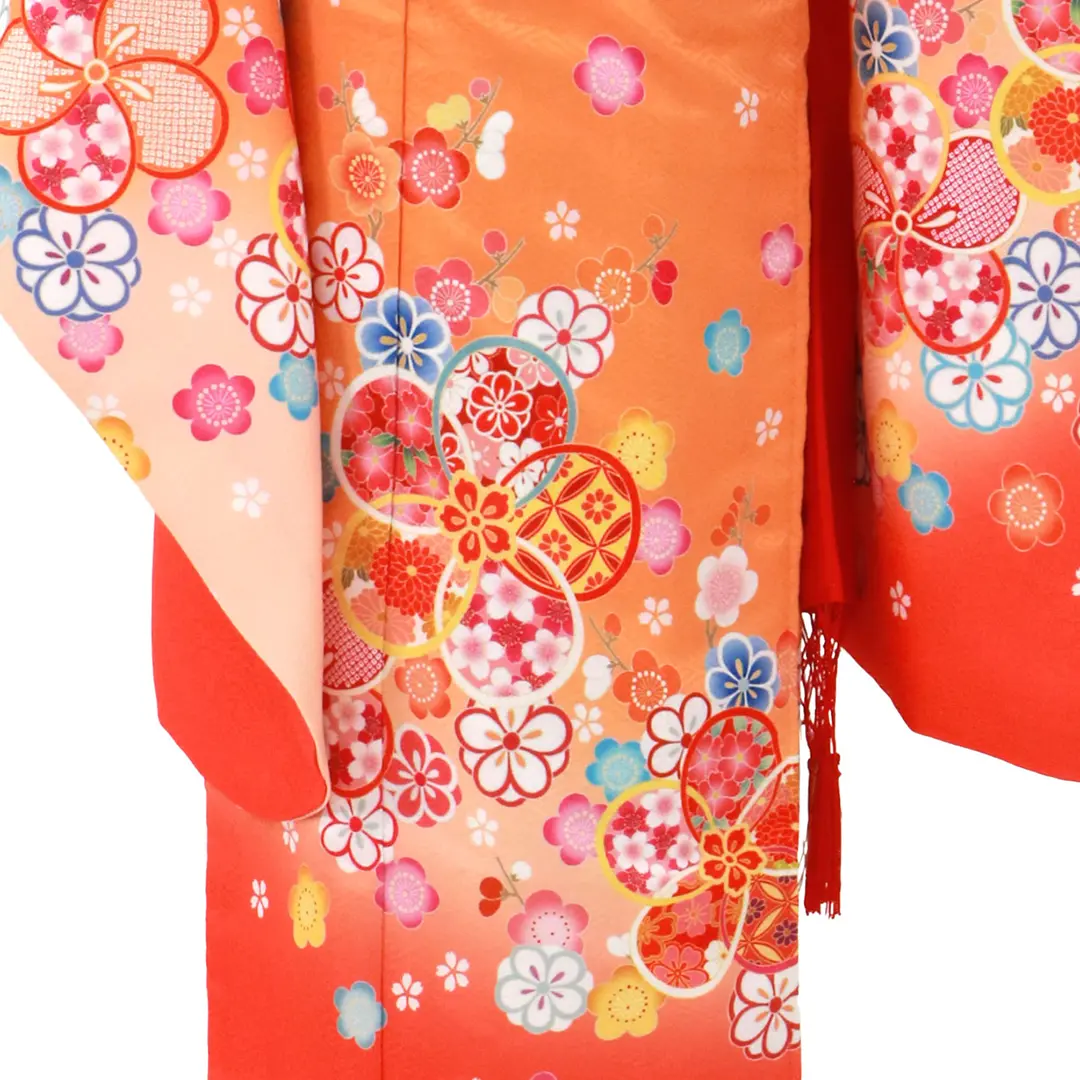 508ag21,オレンジしごき□七五三 七歳 女児 着物&袋帯(おまけ) 紅型風