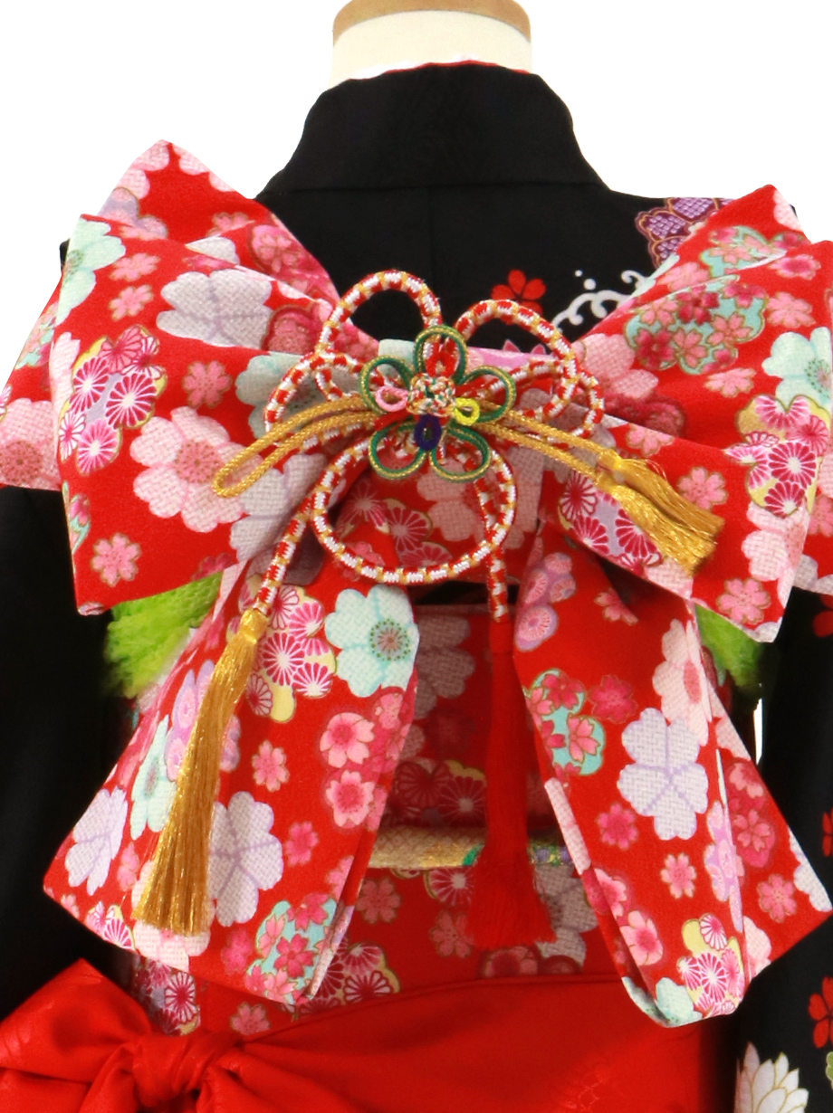 黒と赤地に鶴と波の着物／七五三・七歳女の子／帯
