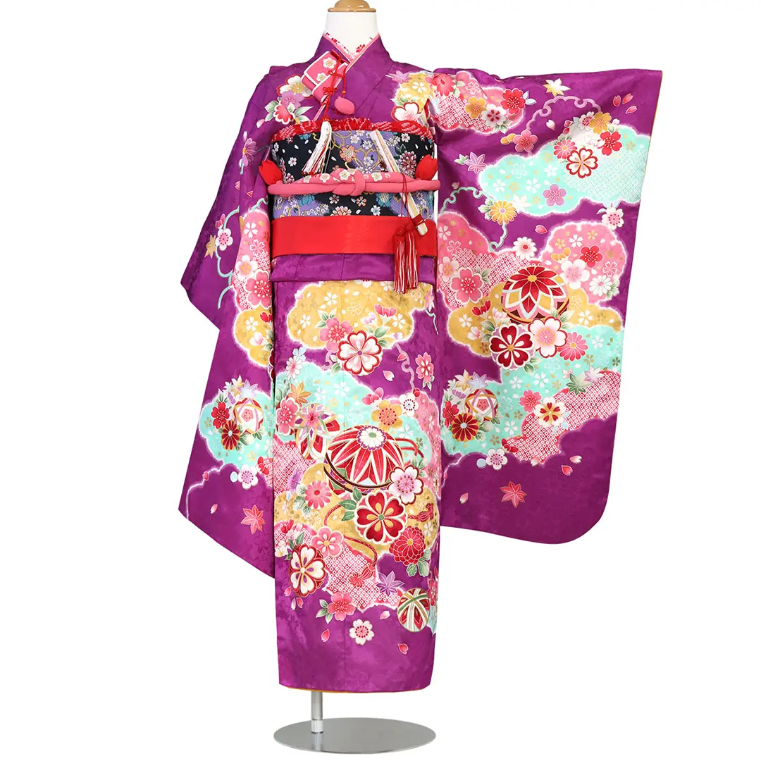 赤色に枝垂れ桜と鈴の着物／七五三・七歳女の子* | 宅配着物レンタルの