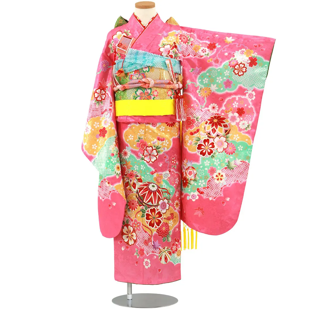 412ag60,小物類付き□七五三 七歳 女児 着物&袋帯&長襦袢 毬 枝垂れ桜 赤色に枝垂れ桜と鈴の着物／七五三・七歳女の子* | 宅配着物