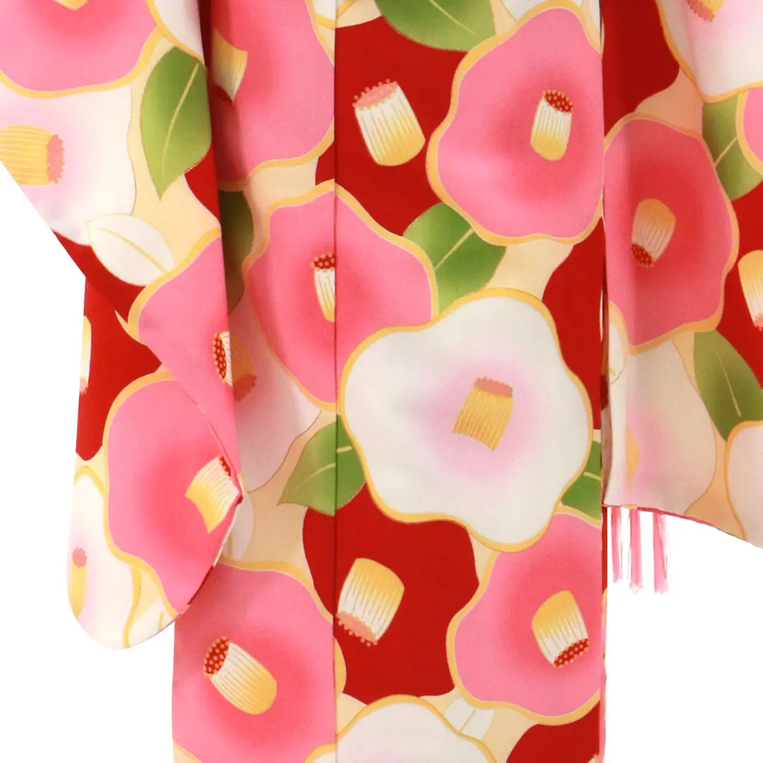 クリーム地にピンクや赤のレトロ椿の着物/七五三・七歳女の子 | 宅配 クリーム地にピンクや赤のレトロ椿の着物/七五三・七歳女の子 | 宅配