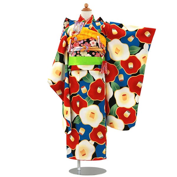 黒地に赤と青のレトロ椿の着物／七五三・七歳女の子* | 宅配着物