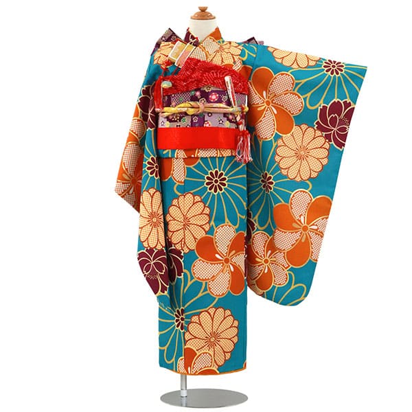 ターコイズブルーにレトロなオレンジのねじり梅の着物／七五三・七歳