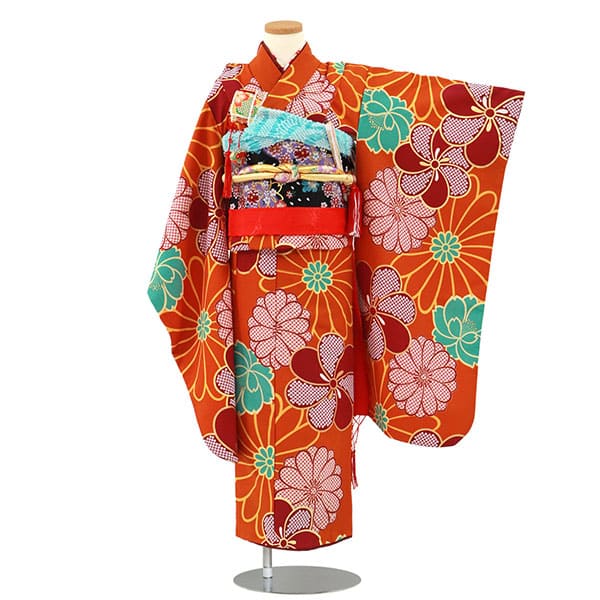 濃い橙色にレトロな臙脂のねじり梅の着物／七五三・七歳女の子 | 宅配