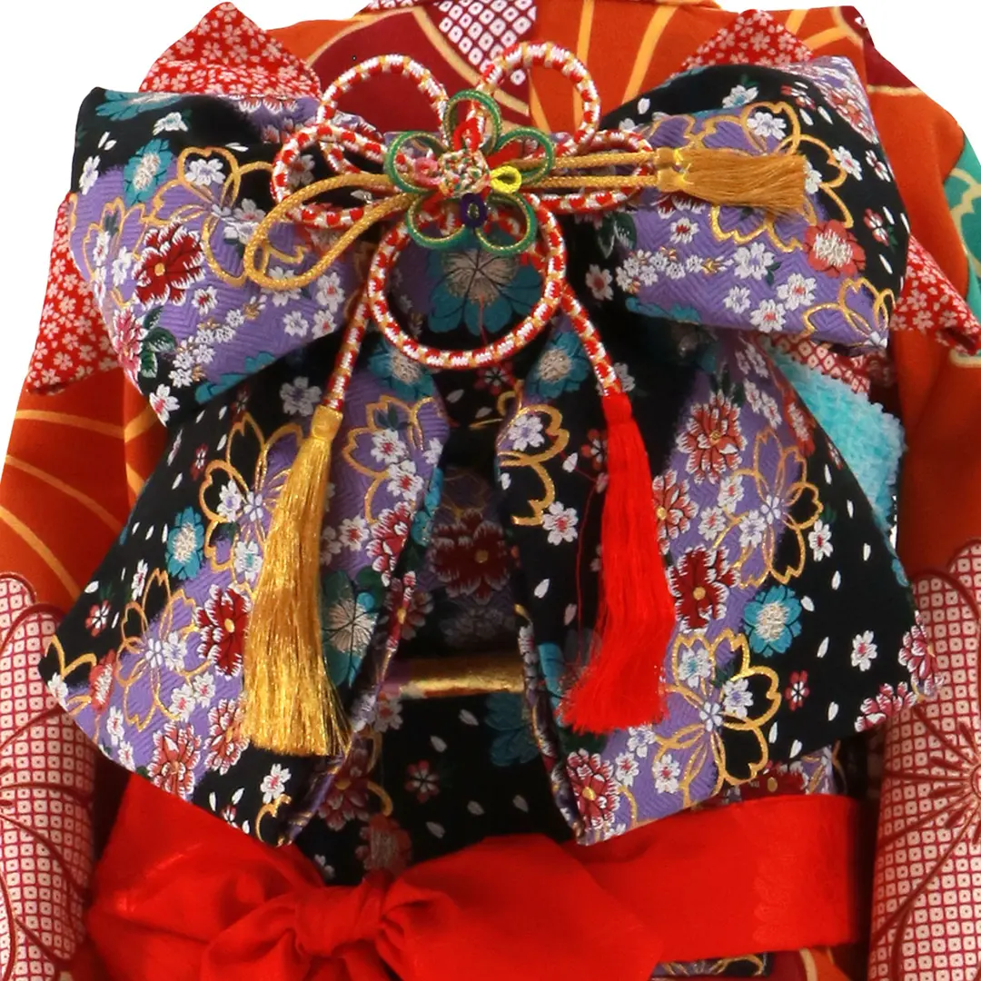 濃い橙色にレトロな臙脂のねじり梅の着物／七五三・七歳女の子 | 宅配