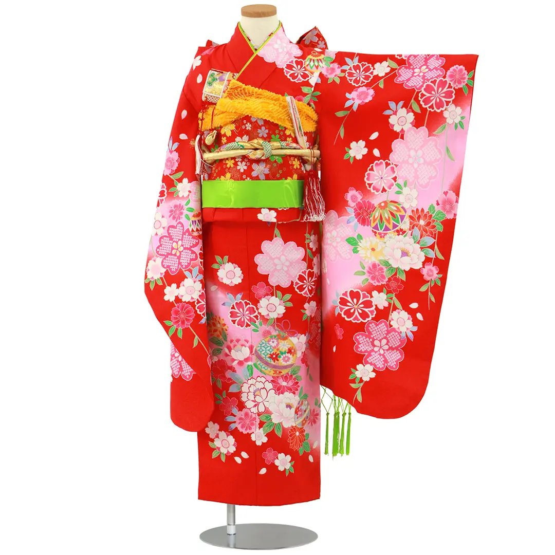 七五三に★正絹　グリーンと水色の七歳着物、作り帯セット　枝垂れ桜 七五三(七歳女の子)着物レンタル｜【乙葉】水色に扇と松梅柄着物