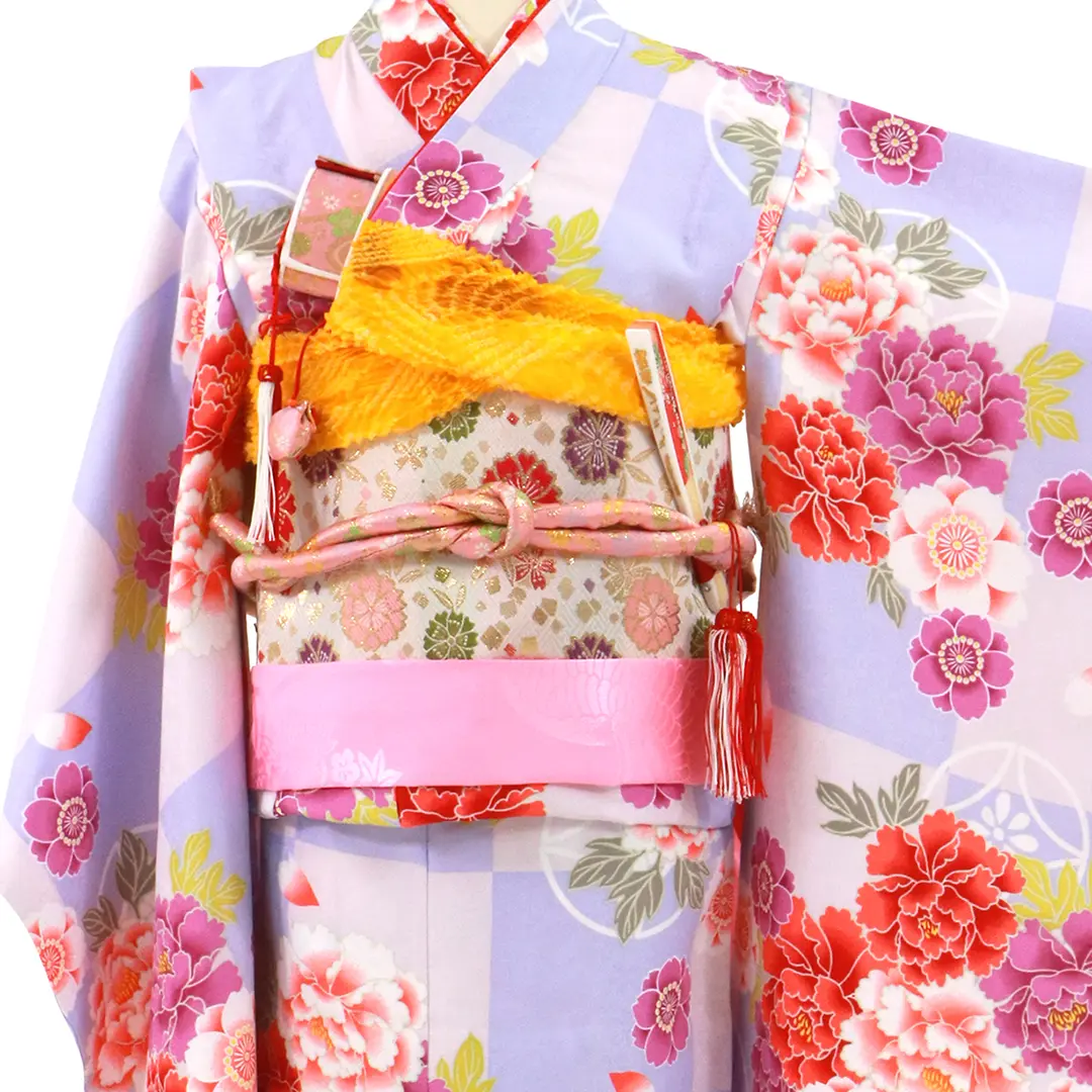 薄紫とピンクの市松に牡丹の着物／七五三・七歳女の子