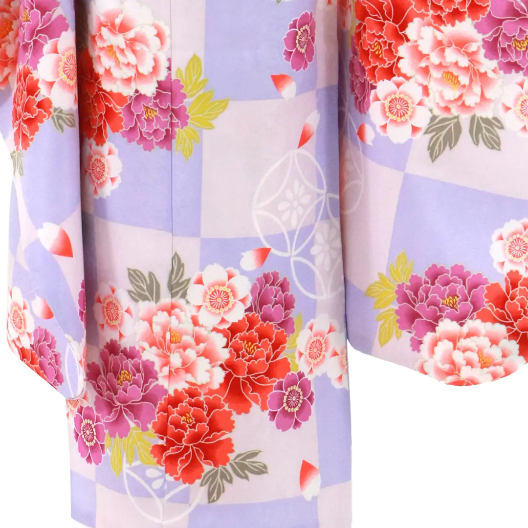 薄紫とピンクの市松に牡丹の着物／七五三・七歳女の子