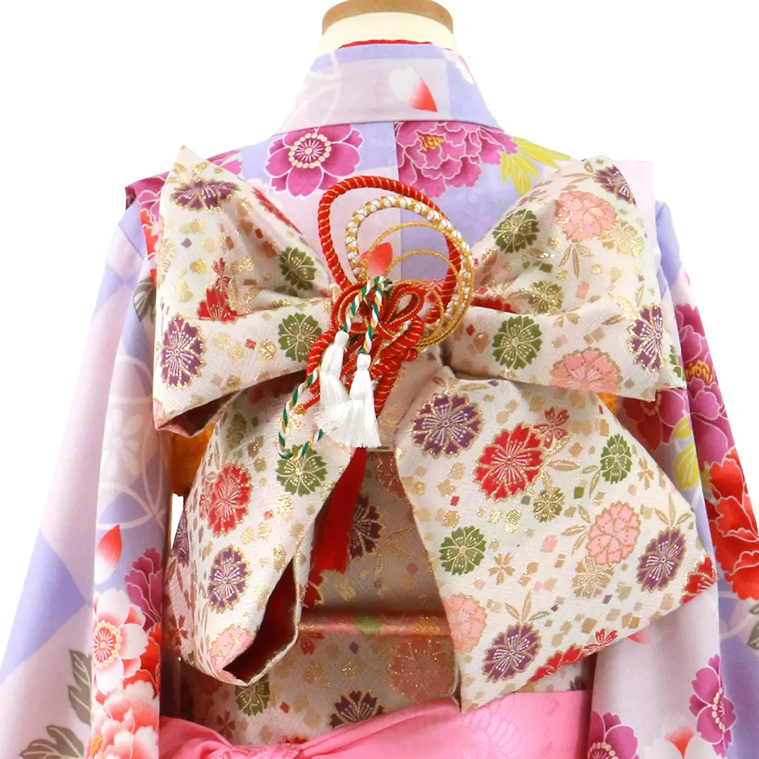 薄紫とピンクの市松に牡丹の着物／七五三・七歳女の子