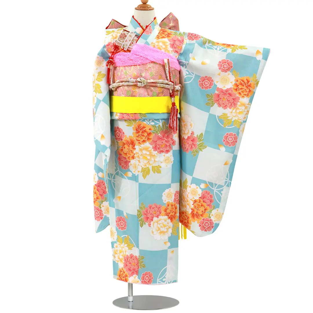 405ag24■七五三 七歳 女児 着物＆袋帯 扇に牡丹 市松文■状態良好 七五三 7歳着物 レンタル フルセット 乙葉 ブランド着物 水色