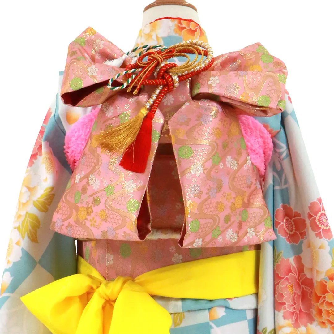 水色の市松に牡丹の着物／七五三・七歳女の子／帯