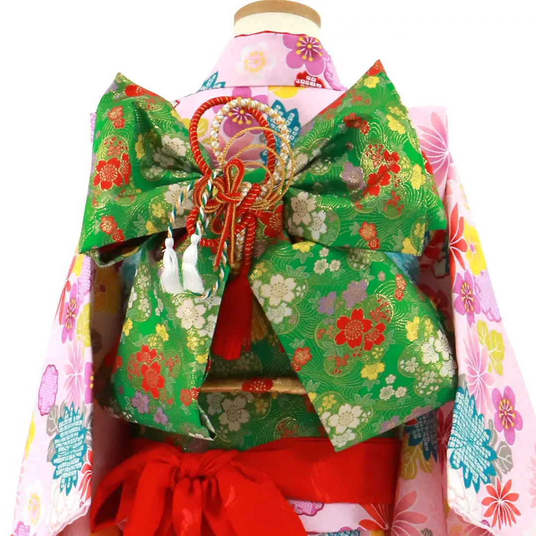 411ag81◎七五三 七歳 女児 着物&袋帯&長襦袢 花車 薄ピンク◎美品 411ag81◎七五三 七歳 女児 着物&袋帯&長襦袢 花車 薄ピンク◎美