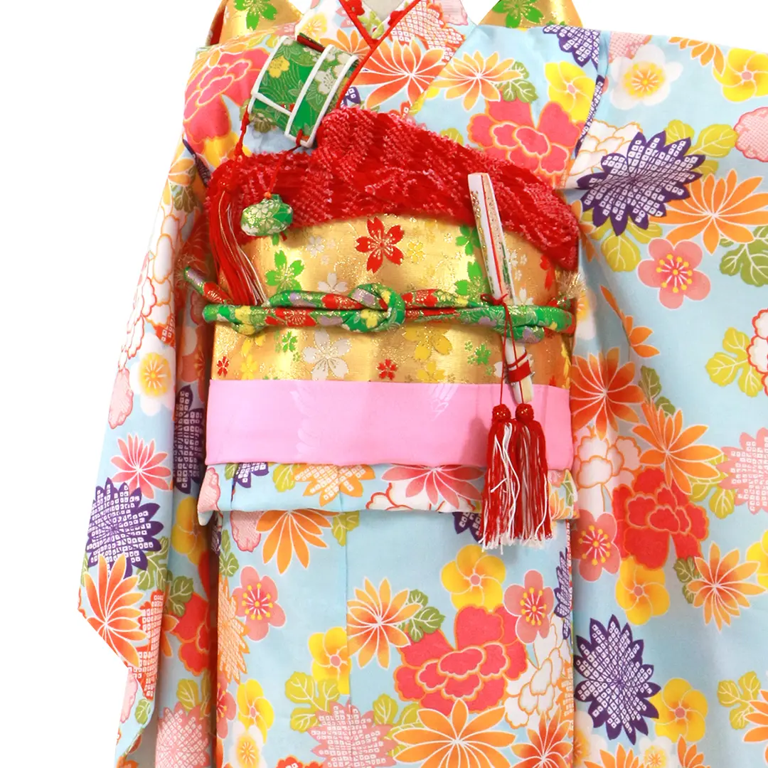 水色地にカラフルな四季花の着物／七五三・七歳女の子 | 宅配着物