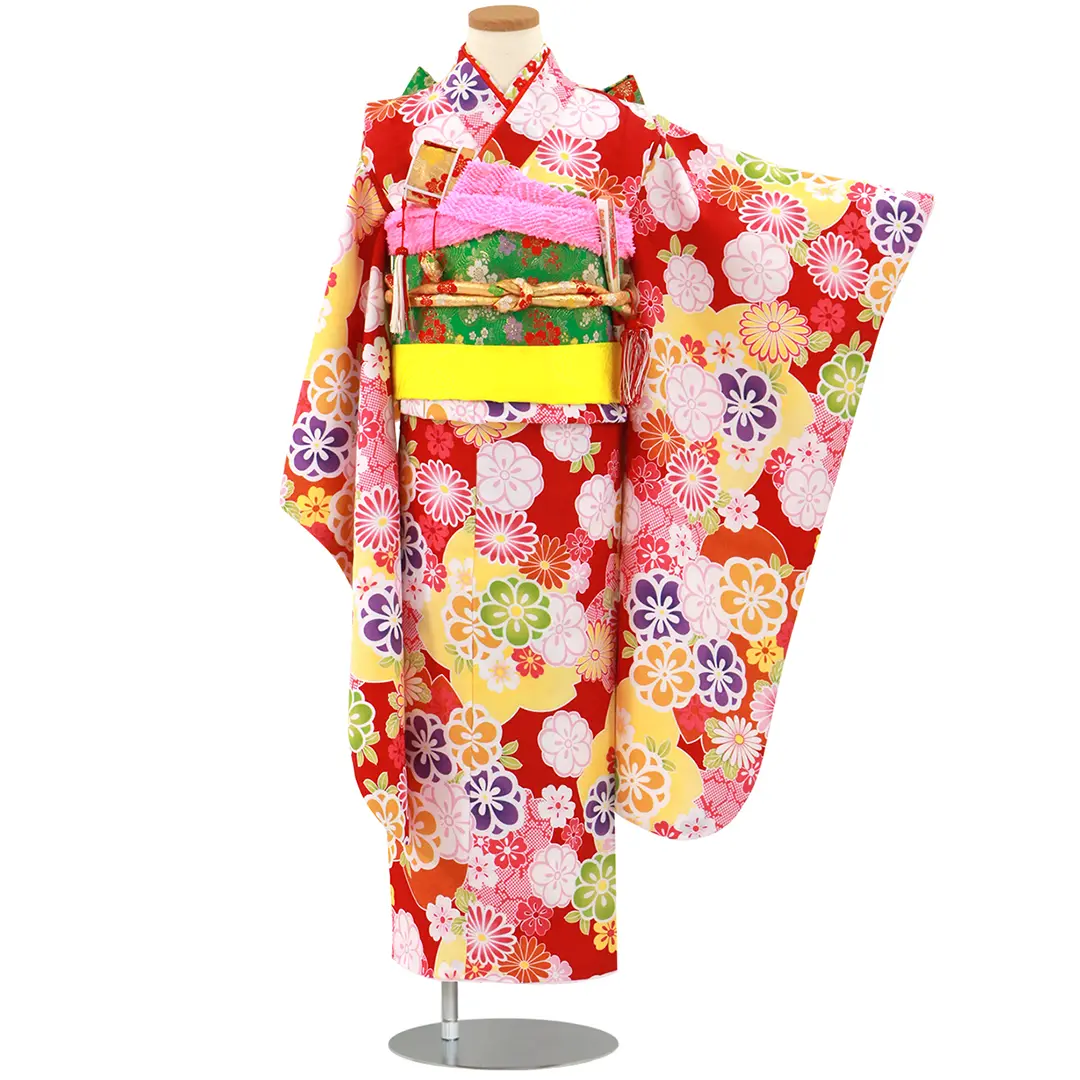 着物 花柄 七五三 7歳　 115・120・130 薄ピンク地にカラフルな四季花の着物／七五三・七歳女の子 | 宅配着物