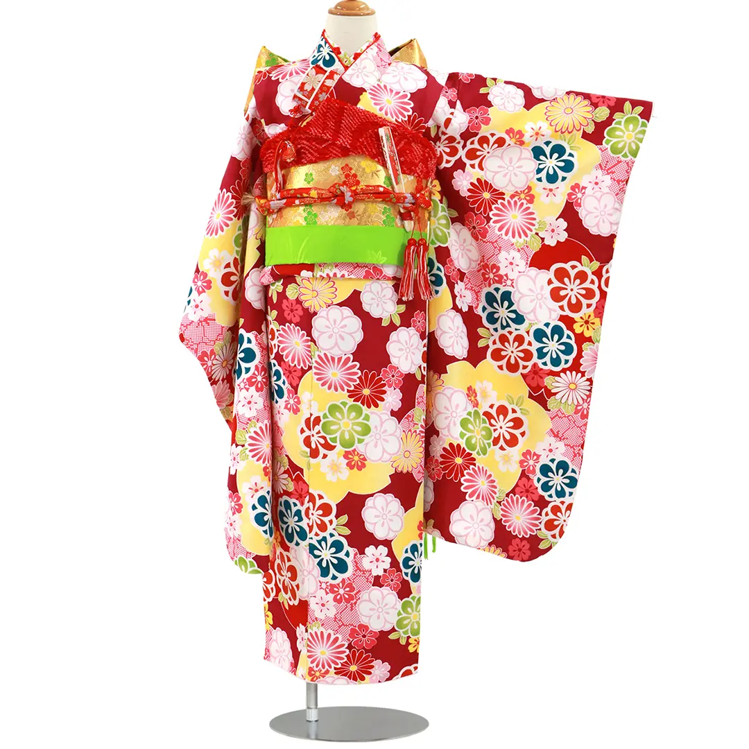 赤紫地に梅尽くしの着物／七五三・七歳女の子