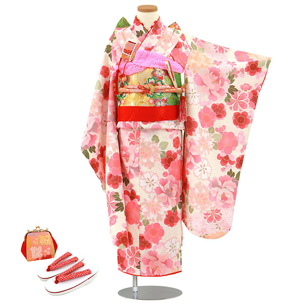 クリーム地にピンクの花尽くしの着物／七五三・七歳女の子 | 宅配着物