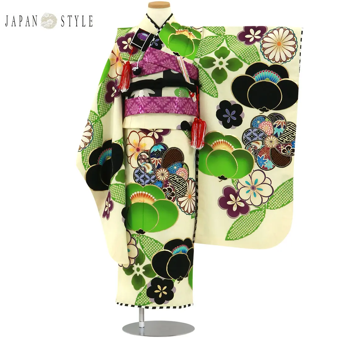 七五三 5歳　女の子　着物セット　緑　黄色　レトロ　モダン　絞り　髪飾り　作り帯 七五三 5歳 女の子 着物セット 緑 黄色 レトロ モダン 絞り 髪
