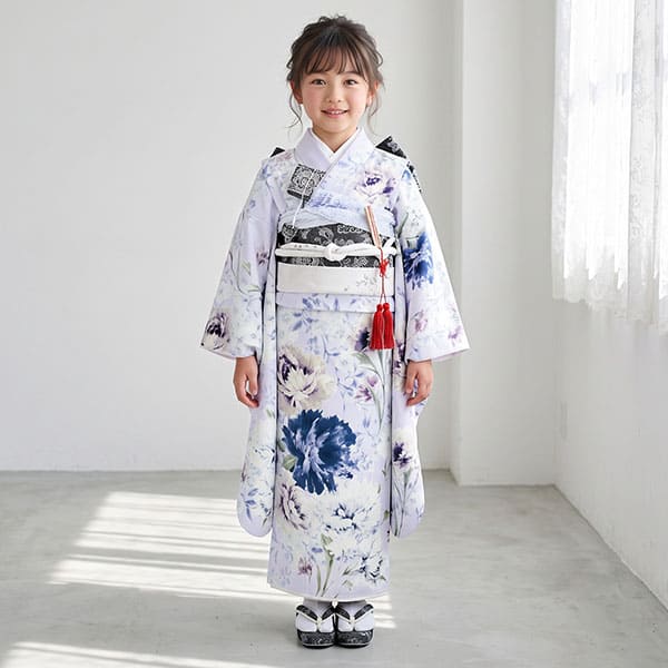 《JILLSTUART》ラベンダー地にパープルのリシアンサスの着物／七五三・七歳女の子