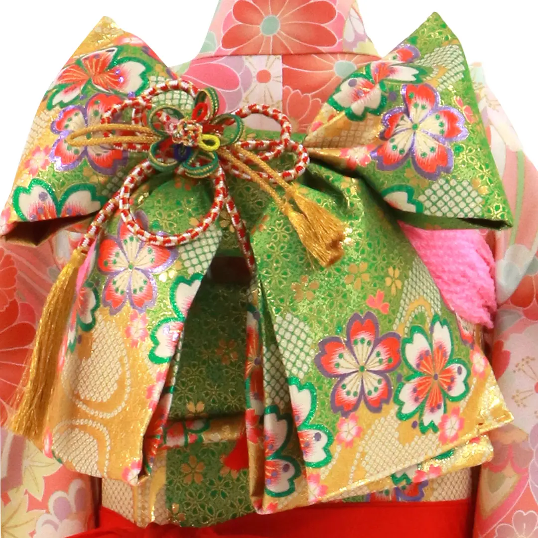 薄紅地に菊と鞠の着物／七五三・七歳女の子／帯