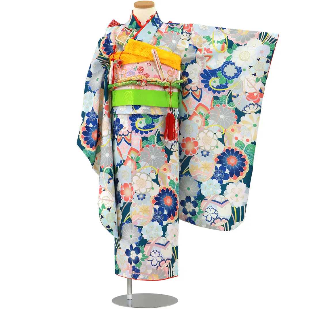 藍色地に菊と鞠の着物／七五三・七歳女の子 | 宅配着物レンタルの京都