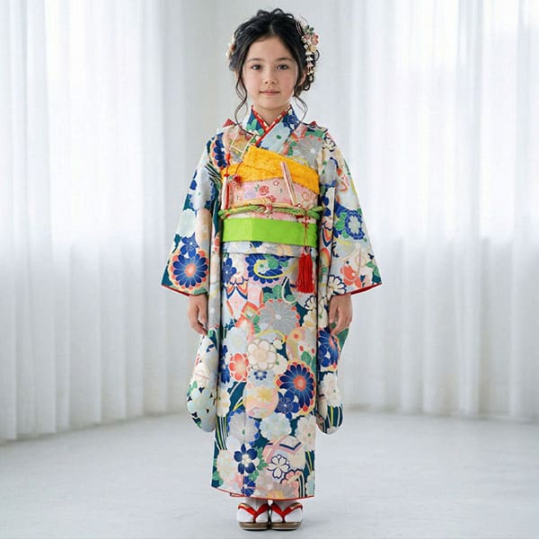 藍色地に菊と鞠の着物／七五三・七歳女の子 | 宅配着物レンタルの京都