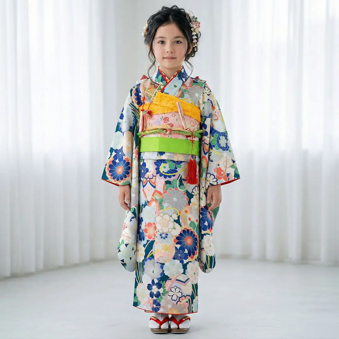 藍色地に菊と鞠の着物／七五三・七歳女の子 | 宅配着物レンタルの京都