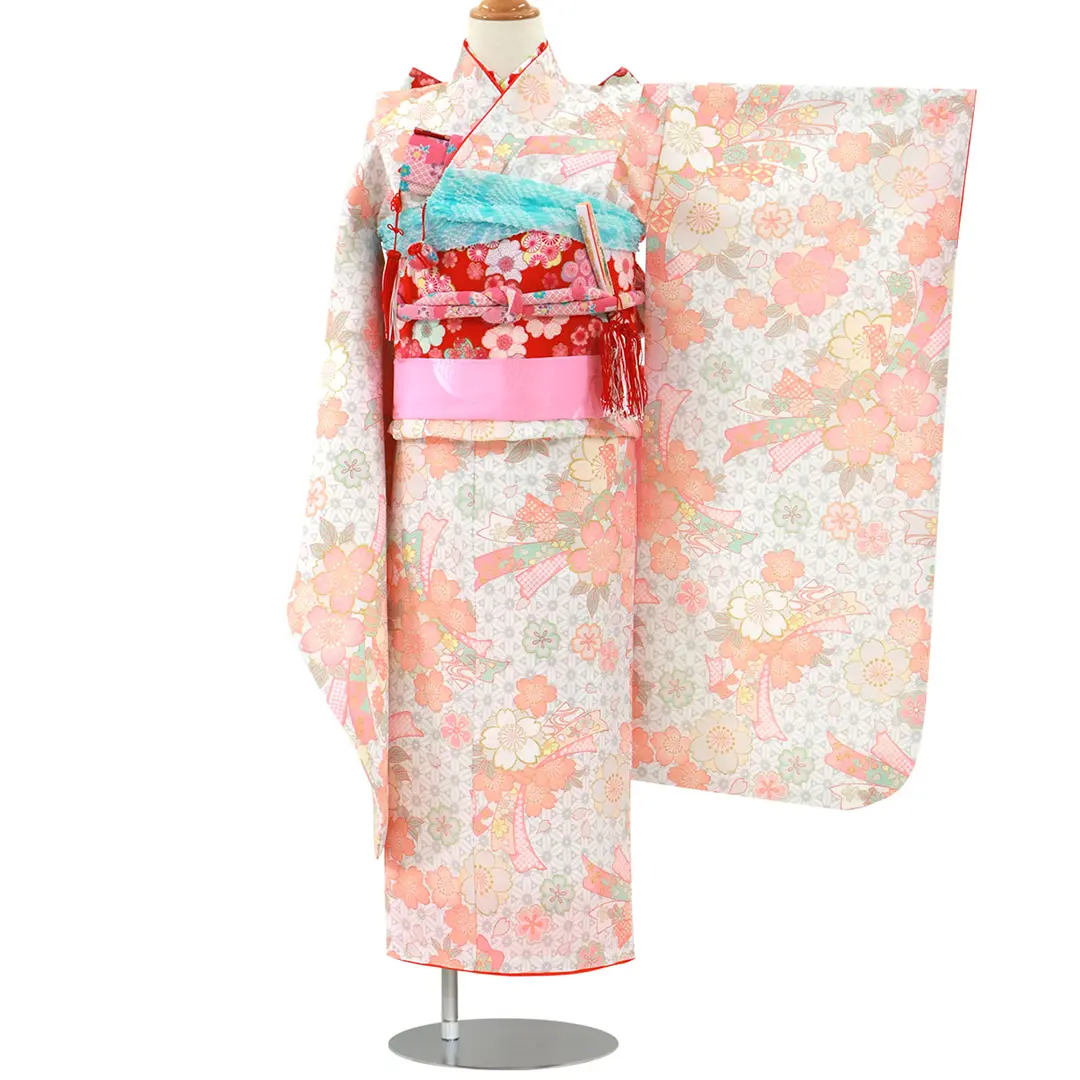 白にサーモンピンクの桜と束ね熨斗の着物／七五三・七歳女の子 | 宅配