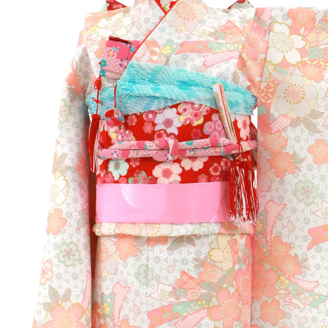 白にサーモンピンクの桜と束ね熨斗の着物／七五三・七歳女の子 | 宅配