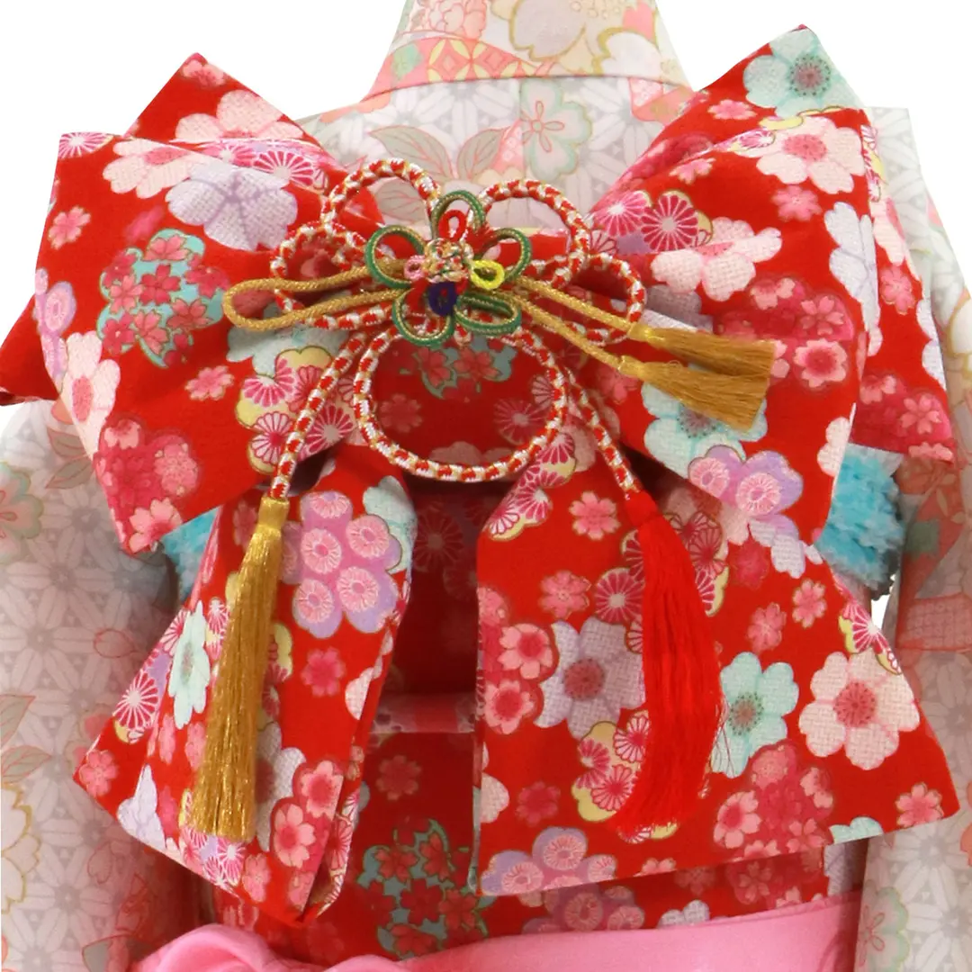 白にサーモンピンクの桜と束ね熨斗の着物／七五三・七歳女の子 | 宅配