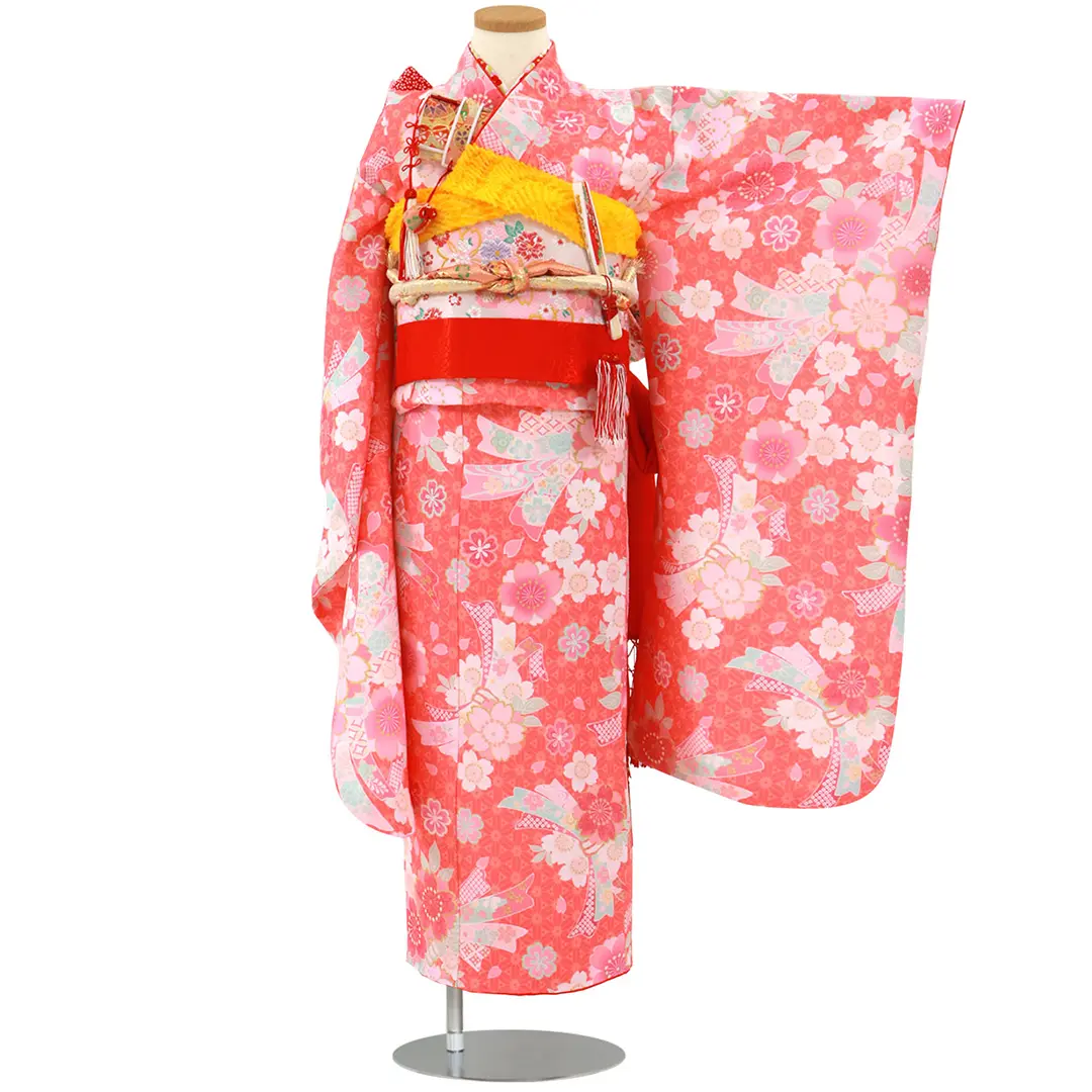 赤橙にピンクの桜と束ね熨斗の着物／七五三・七歳女の子／正面