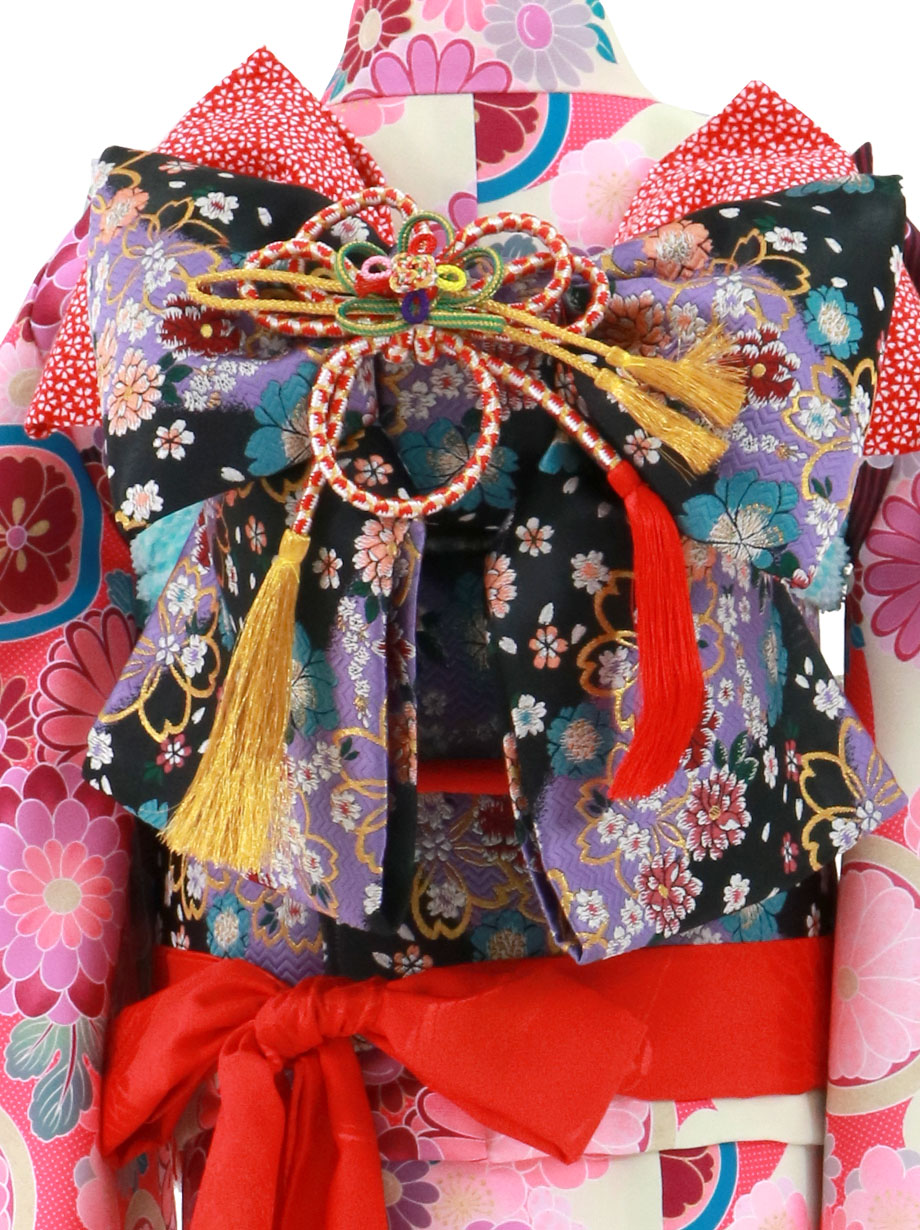 白地にピンクの花紋と風車の着物／七五三・七歳女の子