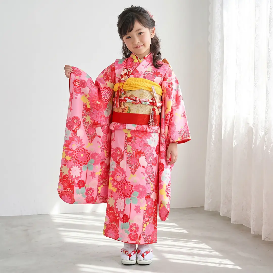 ピンクの矢絣にダリアの着物／七五三・七歳女の子 | 宅配着物レンタル