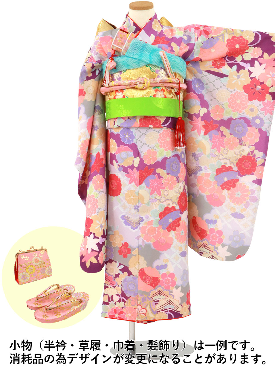 紫地に七宝と四季花の着物／七五三・七歳女の子