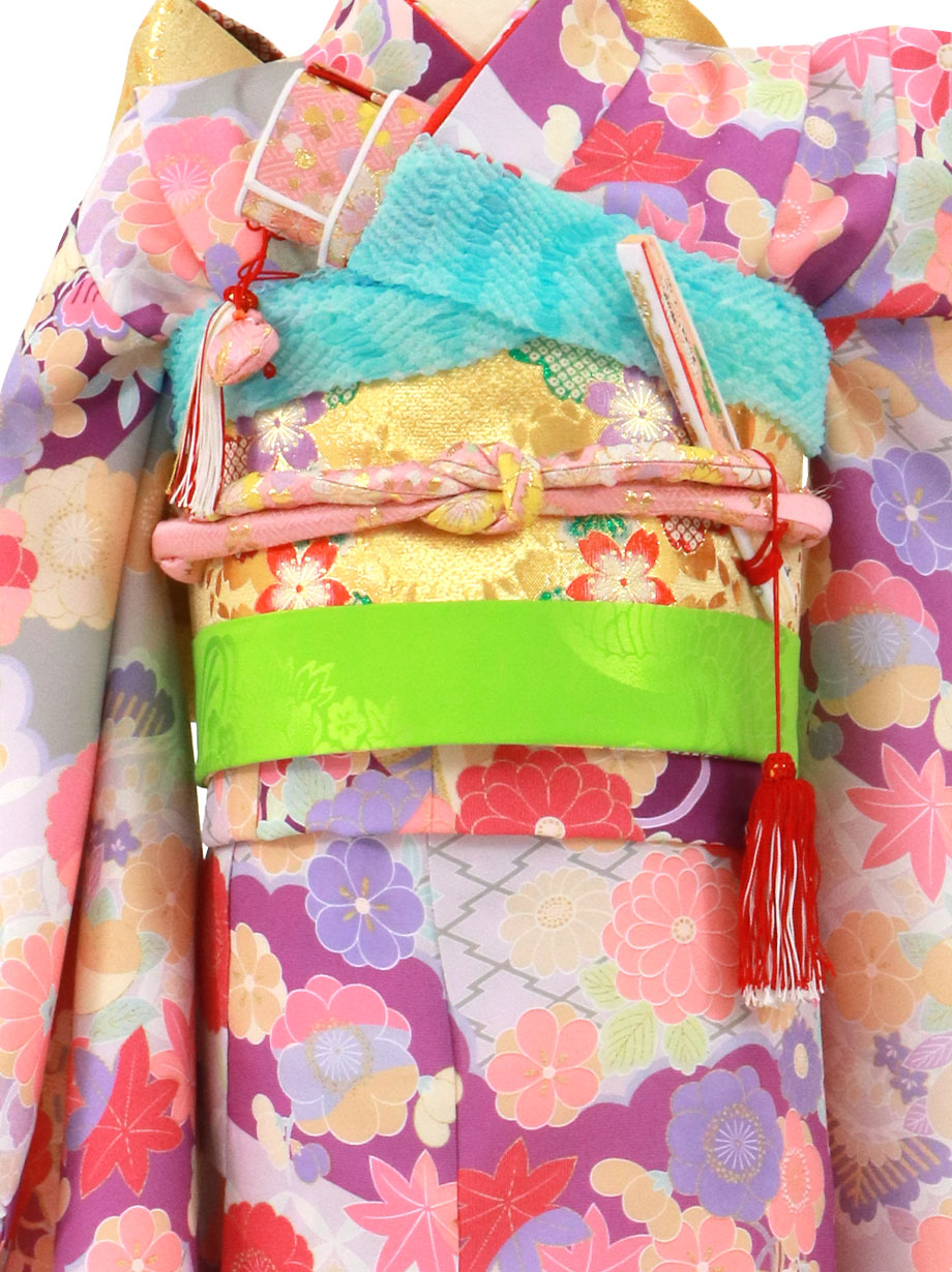 紫地に七宝と四季花の着物／七五三・七歳女の子