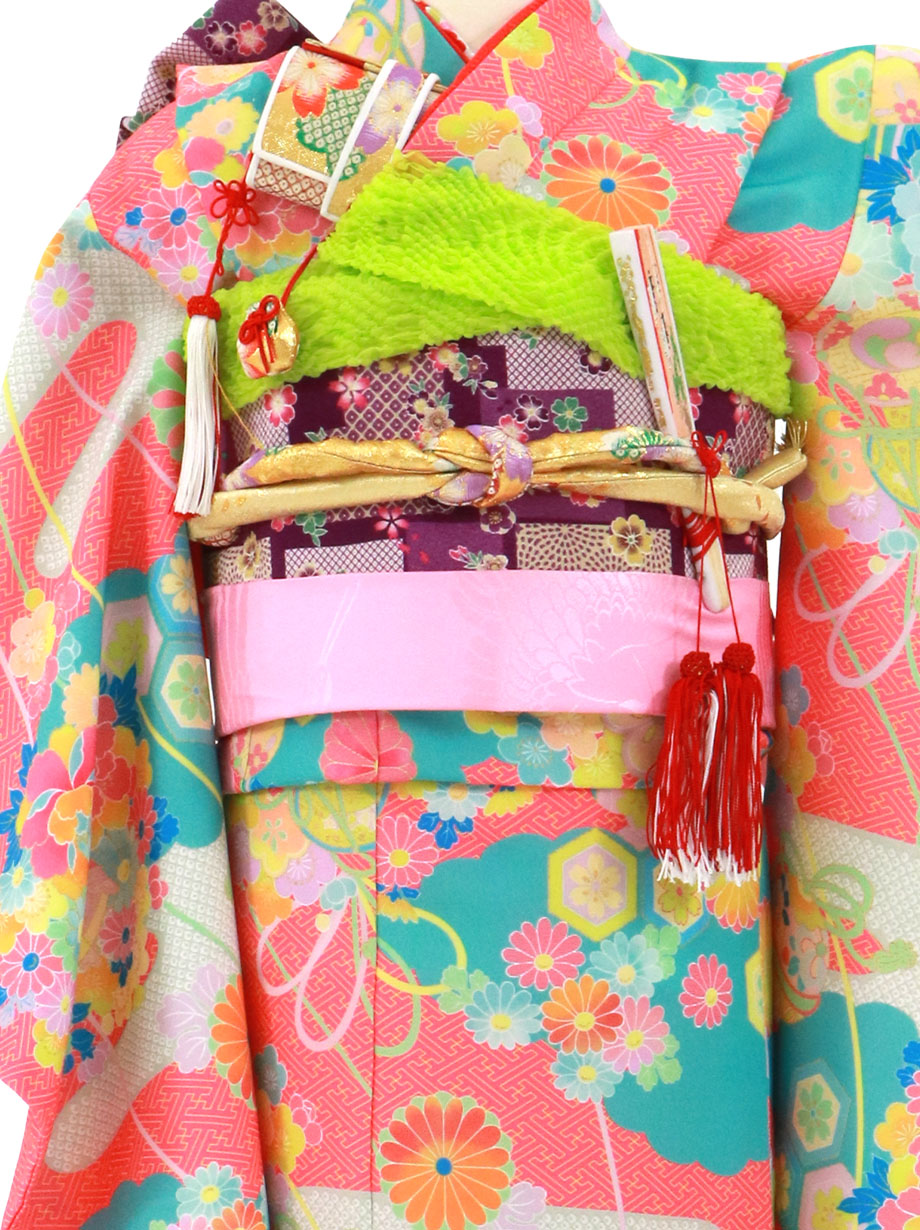 珊瑚色に疋田のエ霞の着物／七五三・七歳女の子 | 宅配着物レンタルの