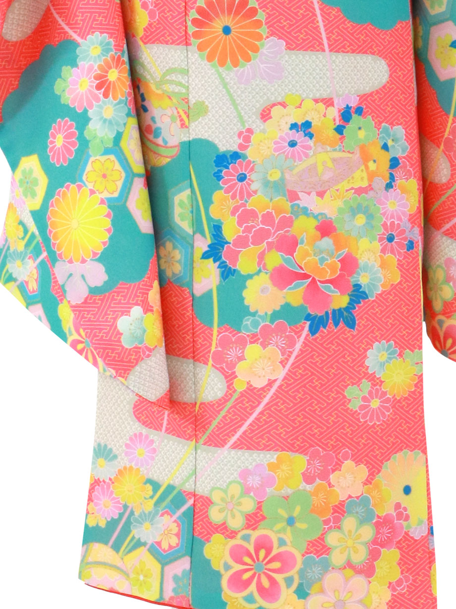 珊瑚色に疋田のエ霞の着物／七五三・七歳女の子 | 宅配着物レンタルの