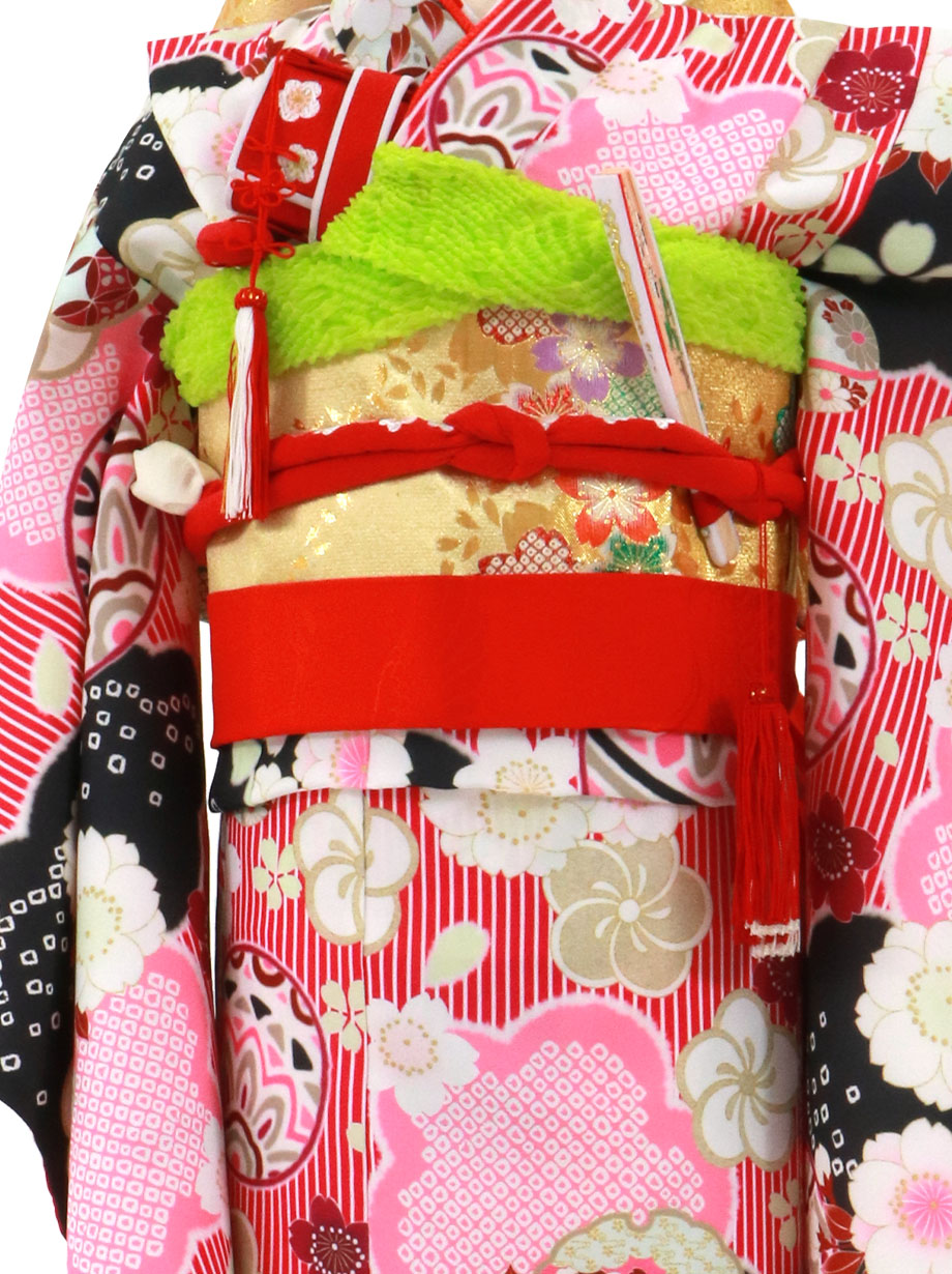 濃ピンクのストライプに鞠と桜の着物／七五三・七歳女の子