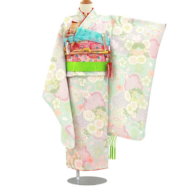 ライムグリーンのストライプに鞠と桜の着物／七五三・七歳女の子