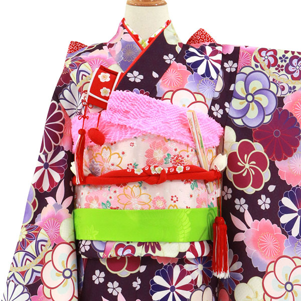 紫色の麻の葉にねじり梅や菊の着物／七五三・七歳女の子 | 宅配着物