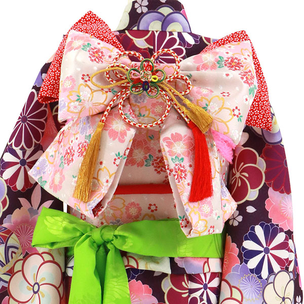 紫色の麻の葉にねじり梅や菊の着物／七五三・七歳女の子／柄詳細裾／帯