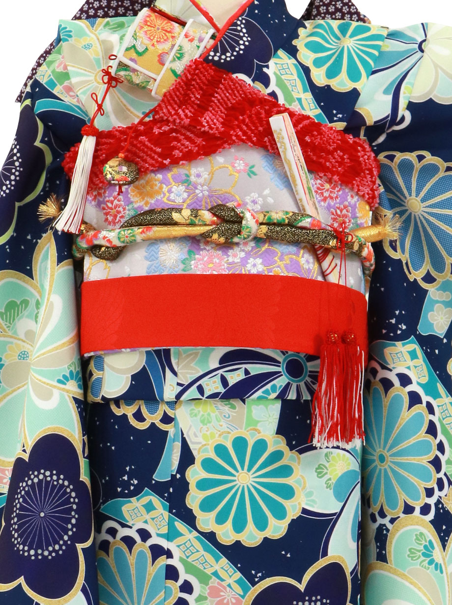 紺地にねじり菊と梅の着物／七五三・七歳女の子 | 宅配着物