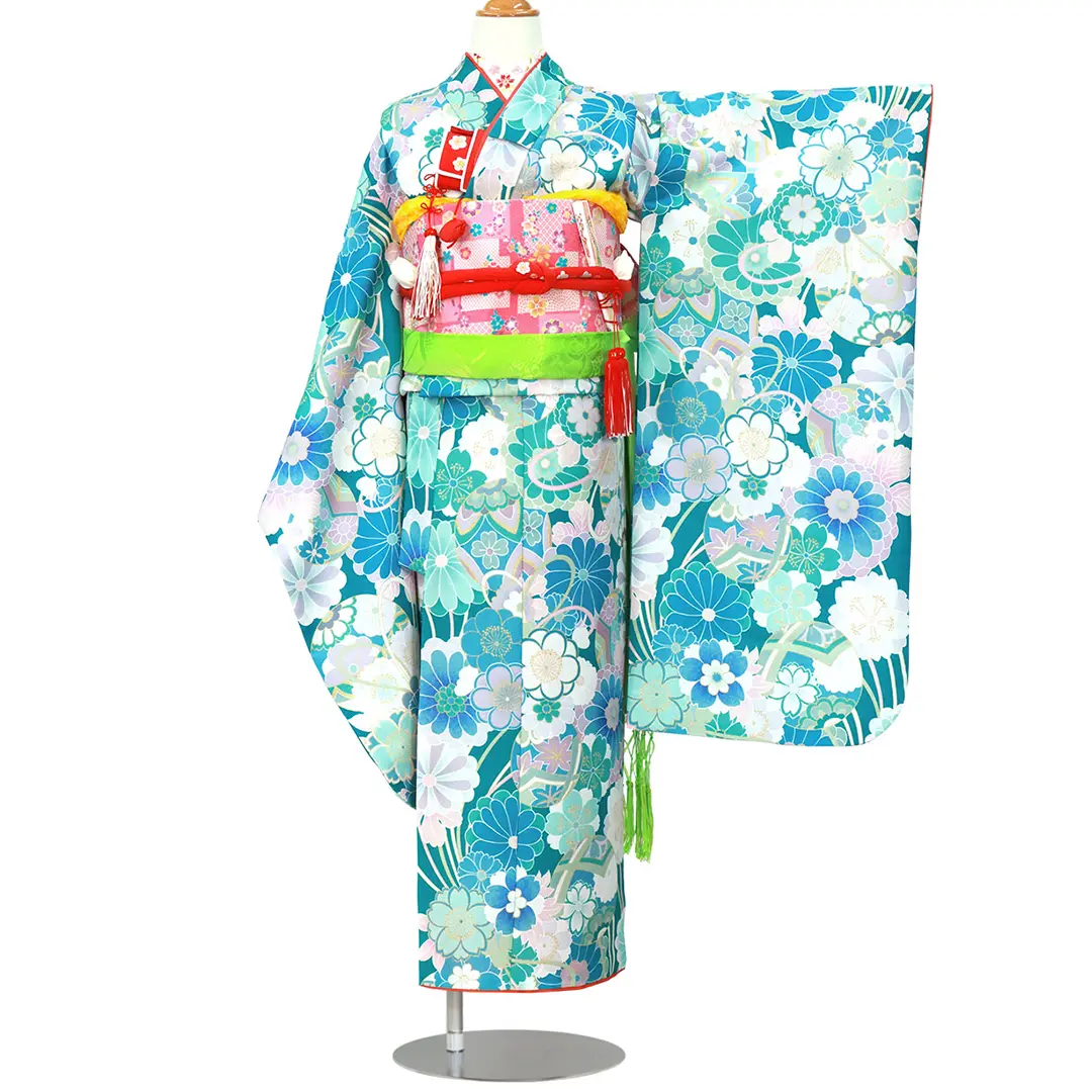 7歳　水色 花柄 着物 水色地に毬と花尽くしの着物／七五三・七歳女の子 | 宅配着物レンタル
