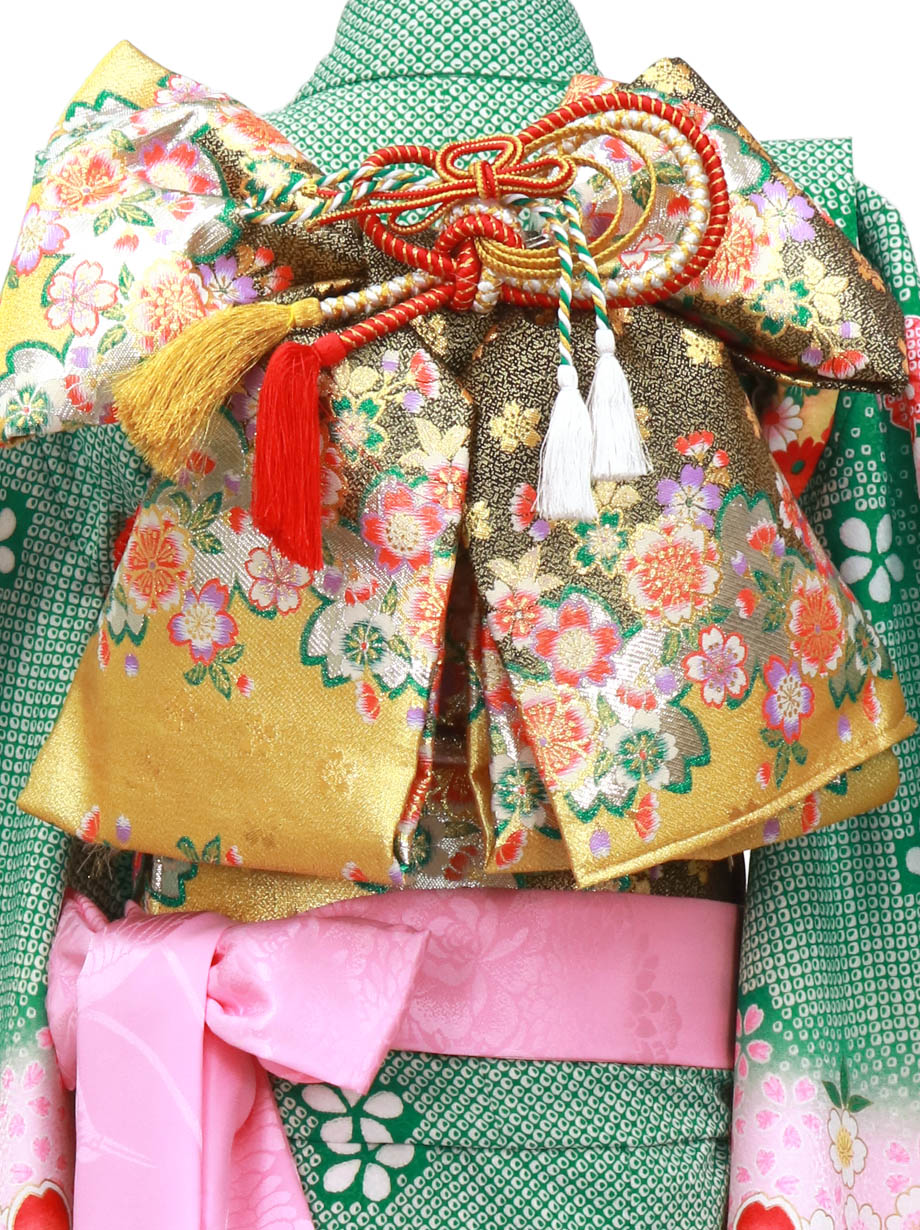 七五三　節句　七歳　7歳　女の子　着物　緑　手鞠　花柄　身丈133cm　帯セット 緑色に桜と手鞠の着物／七五三・七歳女の子* | 宅配着物レンタルの京都