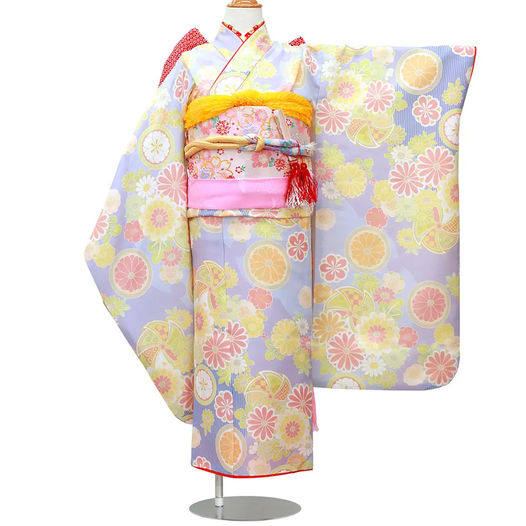 薄紫地に花紋と風車の着物／七五三・七歳女の子／正面