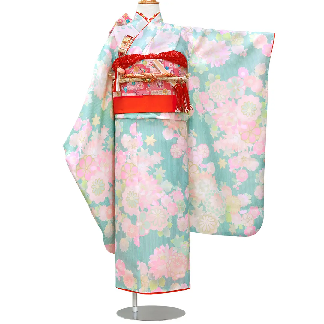アイスグリーン地にピンクの四季花の着物／七五三・七歳女の子／正面