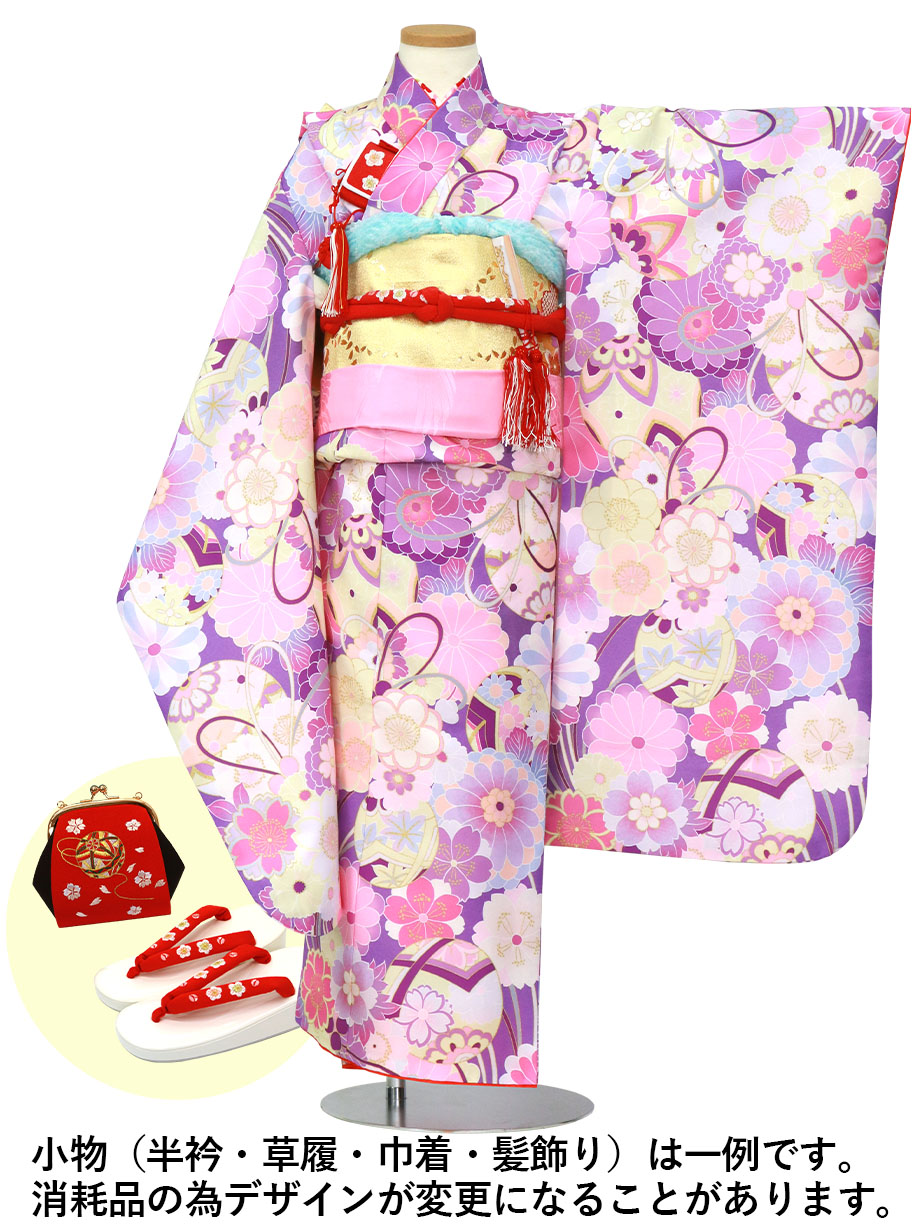 22新作 紫地に毬と花尽くしの着物 七五三 七歳女の子 宅配着物レンタルの京都かしきもの
